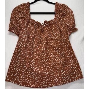 Wishlist Apparel Women’s Top Large Brown White Floral Print Blouse‎ Shirt NWT